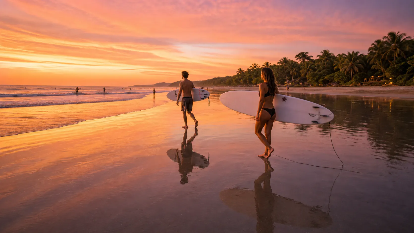 Travelers carrying surfboards along a Costa Rica beach at sunset