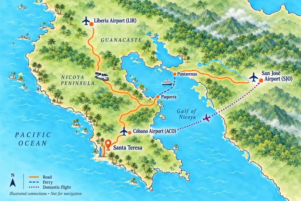 Liberia, San José or Cóbano options illustrated map showing the way to Santa Teresa