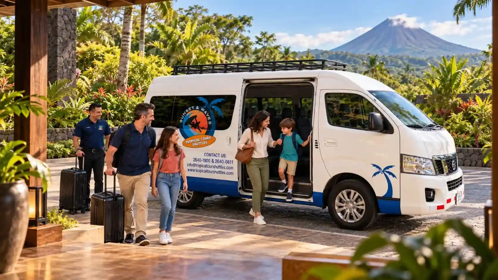 illustration of a family arriving in Arenal on Tropical Tours Shuttles